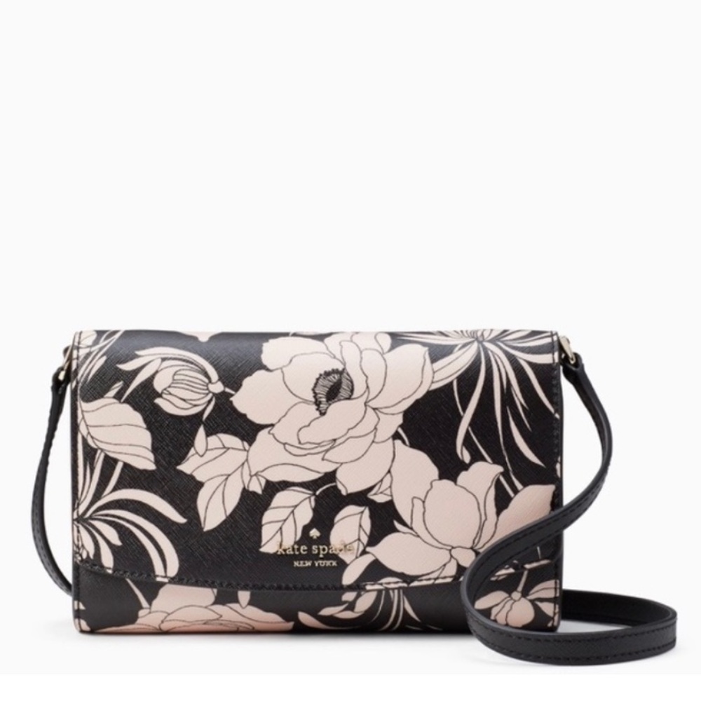 Kate Spade Bedford Black and Cream Floral Crossbody Clutch With Shoulder Strap